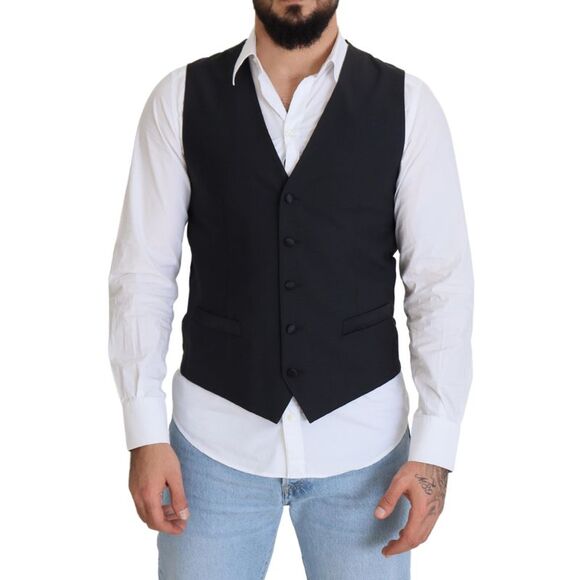 Dolce & Gabbana Black Wool Stretch Waistcoat Formal Men's Vest